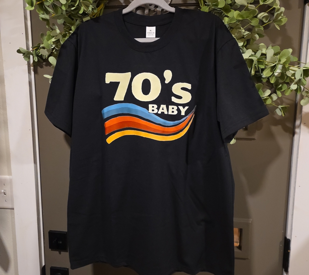 70's Baby Graphic Tee - Black with Retro Stripe Print